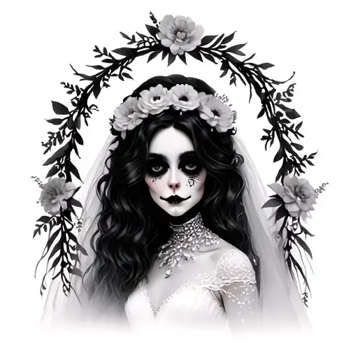 bride tim burton style with dead flower arch tattoo design idea