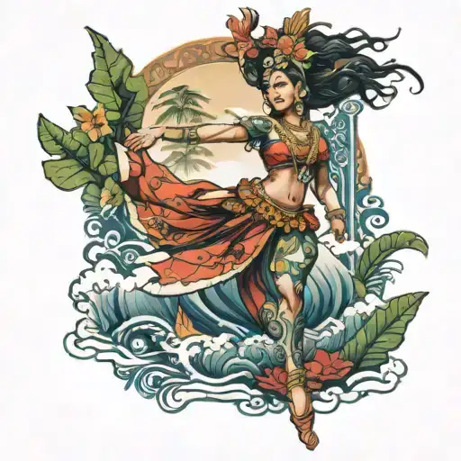 bali dancer with flying dutchman tattoo design idea