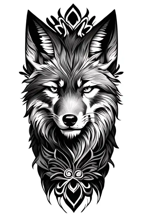 Half sleeve for the upper arm with a blend of a fox, a wolf, and a lion all together with a Polynesian artistic style, a tattoo design idea