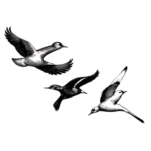 4 birds, a canary, swan, a second canary and nightingale flying, blackout tattoo design idea