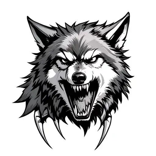 very angry agressive wolf with hugw fangs and claws tattoo design idea