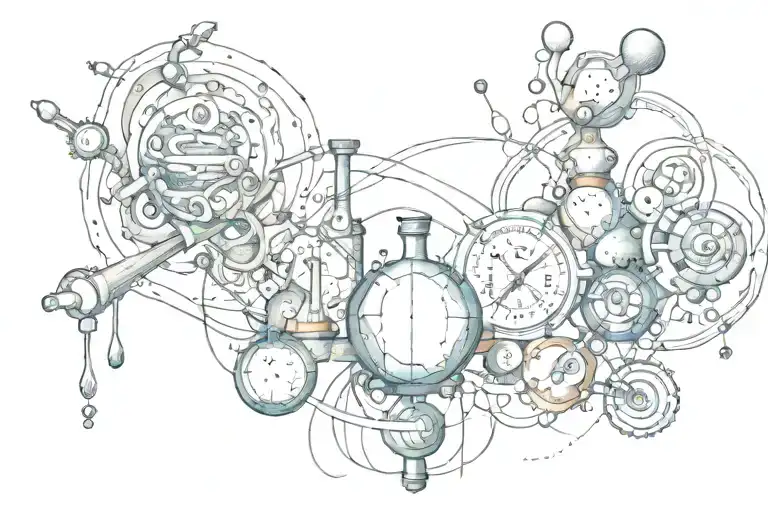 alchemy tattoo of chemical reaction of copper sulphite, nitric acid, zinc selenium and water tattoo design idea