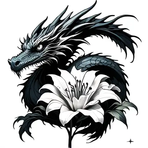 Create me a tattoo stencil with a western style elemental ice dragon wrapped around 3-4 botanical realistic lily’s with  tattoo design idea