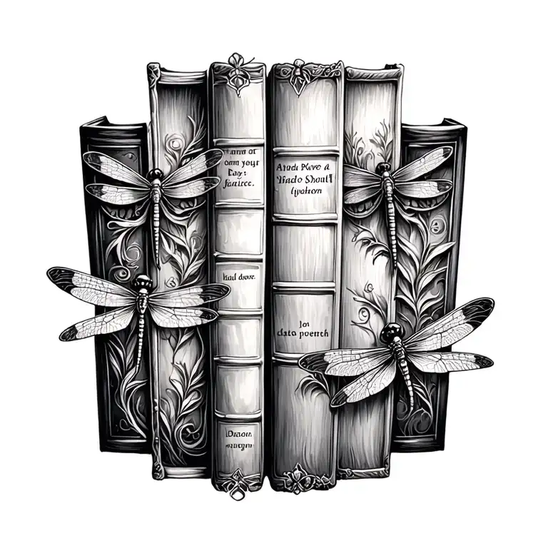 books with papwrints and dragonflies tattoo design idea