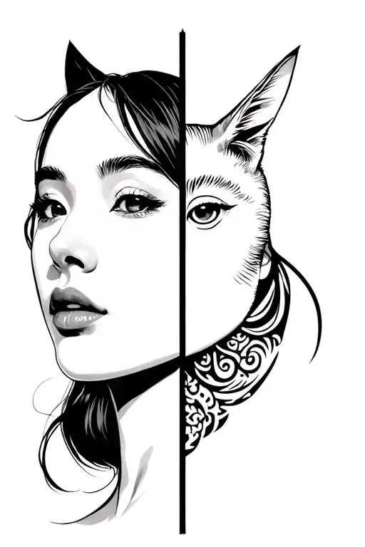 beauty girl with Gumiho but showing half face made tattoo design idea