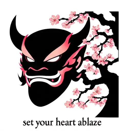 oni mask with a cherry blossom tree in the background with the words below it that says set your heart ablaze tattoo design idea