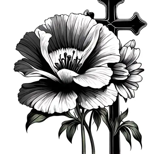 lily of walley, poppy, aster and holy cross tattoo design idea
