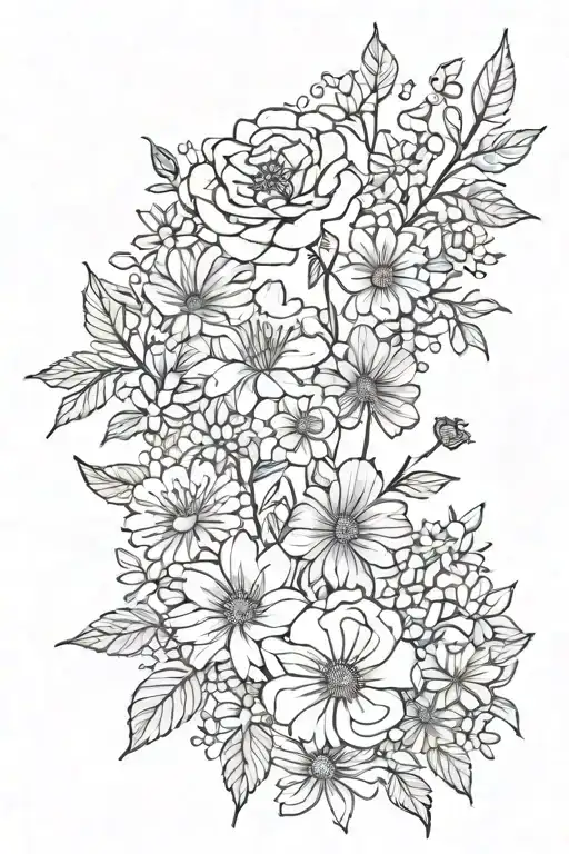roses, honeysuckle, daisies, sweet pea, marigold, cosmos tattoo design idea