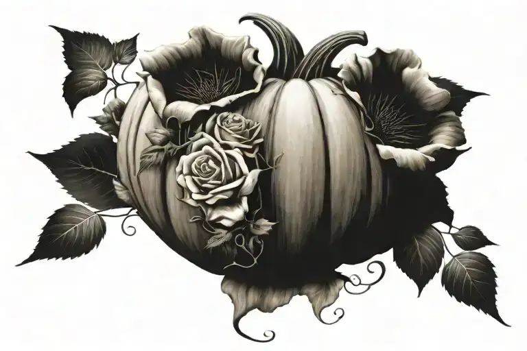 carved pumpkin surrounded by roses, sunflowers and vines tattoo design idea