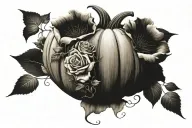 carved pumpkin surrounded by roses, sunflowers and vines tattoo design idea