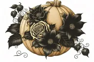 carved pumpkin surrounded by roses, sunflowers and vines tattoo design idea