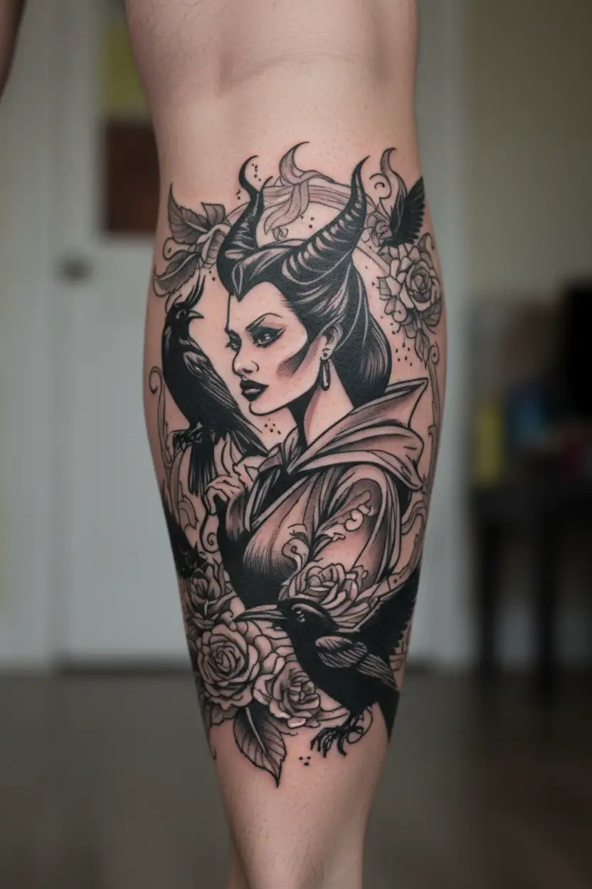 maleficent with a crow flying infront of her  tattoo design idea