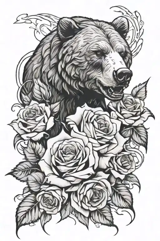 fierce bear growling with two white roses intertwined tattoo design idea