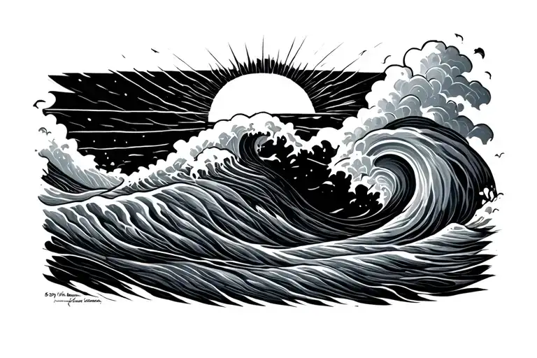 geo waves, sun, diver tattoo design idea