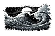 geo waves, sun, diver tattoo design idea