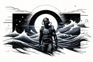 geo waves, sun, diver tattoo design idea