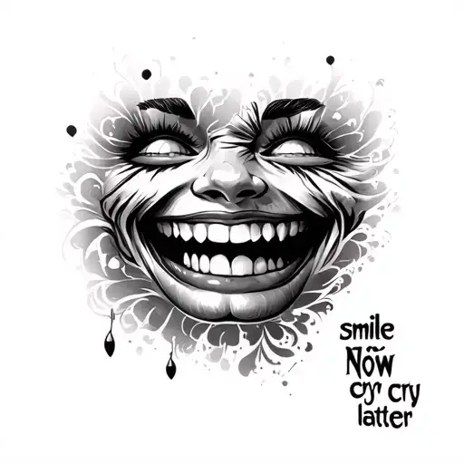 smile now cry later faces tattoo design idea