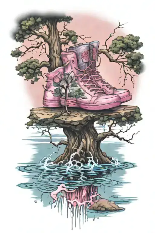 tree with pink shoes reflecting off of water with lightning tattoo design idea