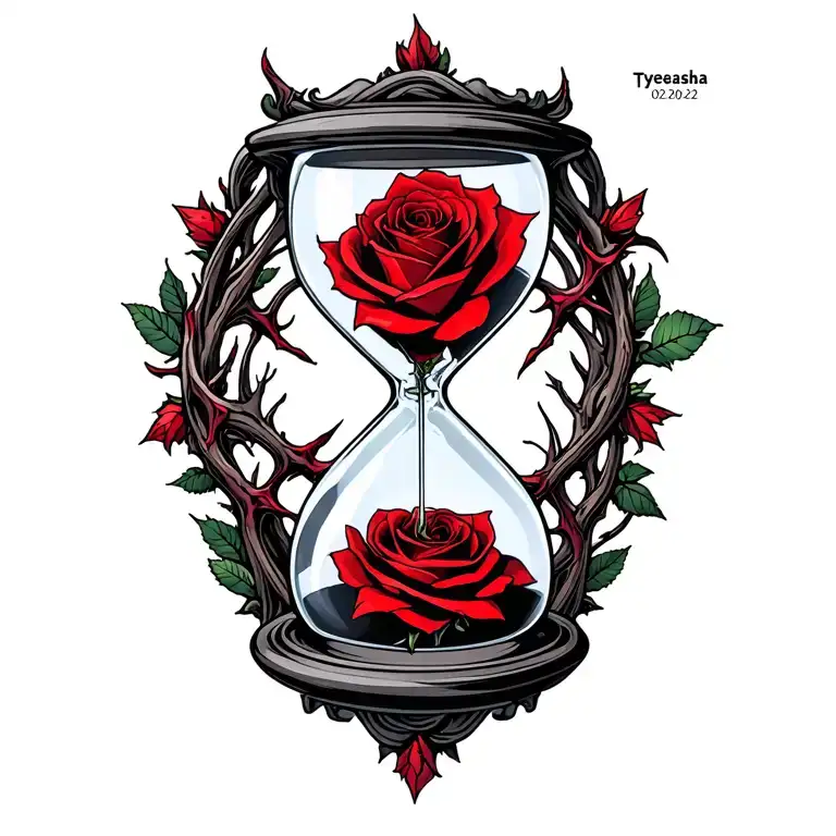 Hour glass symbolizing time running out Red cardinal with rose thorns Date of death : 02/20/23Name : Tyeasha gates to tattoo design idea