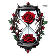 Hour glass symbolizing time running out Red cardinal with rose thorns Date of death : 02/20/23Name : Tyeasha gates to tattoo design idea