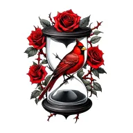 Hour glass symbolizing time running out Red cardinal with rose thorns Date of death : 02/20/23Name : Tyeasha gates to tattoo design idea