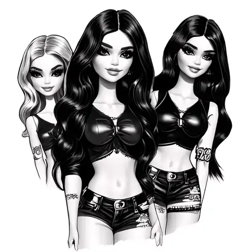 designer brand, mean girls inspired womens sleeve in mostly black, Bratz doll  tattoo design idea