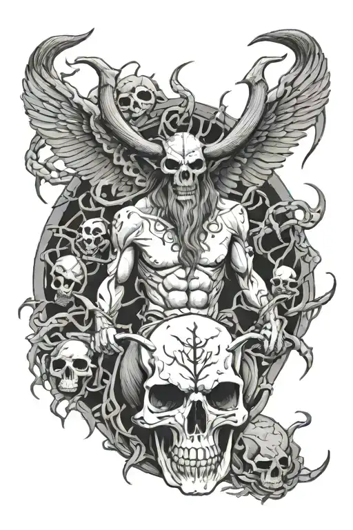 sketch of a tattoo on the back of Baphomet surrounded by skulls, mutilated spiders and mountains of bones against the backdrop of hell tattoo design idea