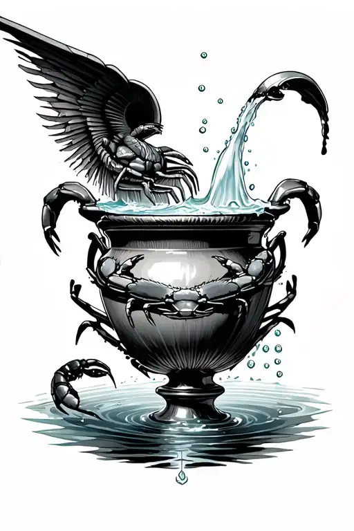 Aquarius urn pouring out water with a crab falling out in the water followed by a scorpion and Parthenon in background tattoo design idea