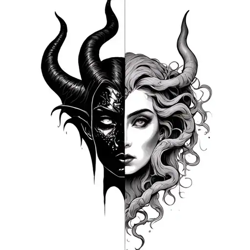 half Maleficent And Half Medusa Head tattoo design idea