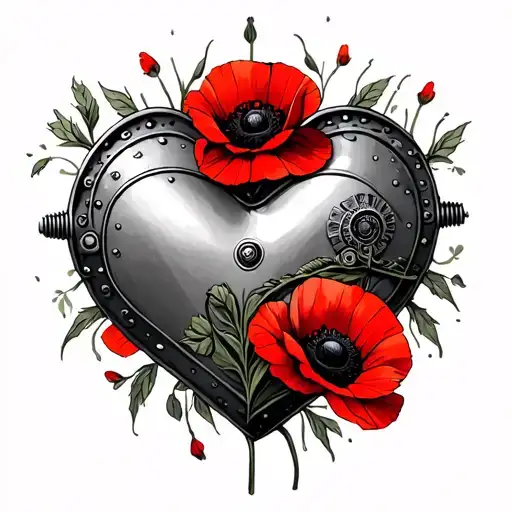 tinman heart steampunk style with poppies in a line across my chest tattoo design idea
