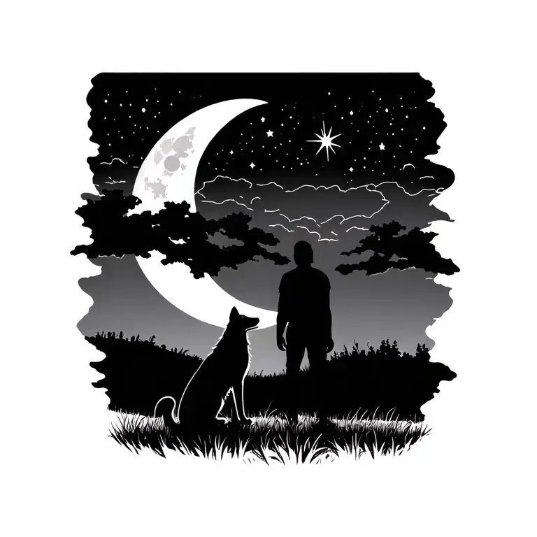 silhouette of man and dog in field looking at stars and moon tattoo design idea