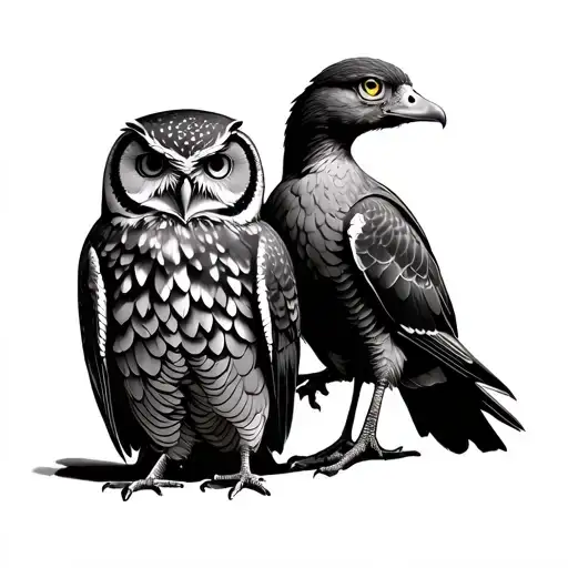 mamma owl protecting a duck, Canary and Peragrine falcon tattoo design idea
