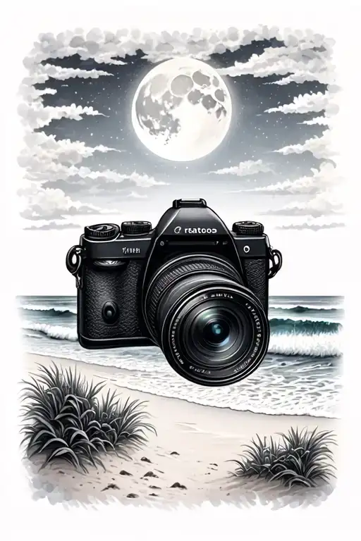 A beach scene with a camera capturing the beauty of the stars and moon overhead, reflecting the client's love for photography and the beach tattoo design idea