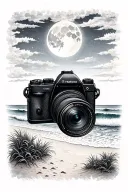 A beach scene with a camera capturing the beauty of the stars and moon overhead, reflecting the client's love for photography and the beach tattoo design idea