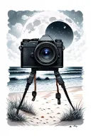 A beach scene with a camera capturing the beauty of the stars and moon overhead, reflecting the client's love for photography and the beach tattoo design idea