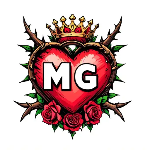 "M G" heart surrounded by thorns and roses with a crown adorned tattoo design idea
