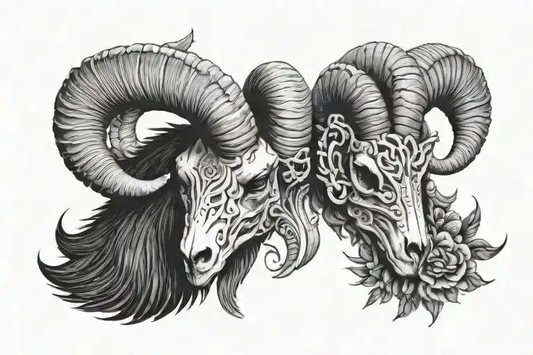 Draw a ram skull, black and white style, volumetric with shadows, in Slavic style, 2 crows, parallel worlds, alternative tattoo design idea