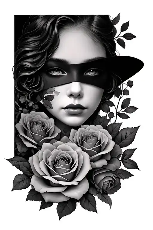 face without eyes and roses growing tattoo design idea