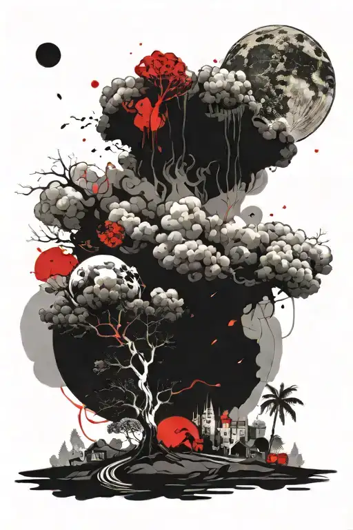 sad earth, moon, tree, cloud, life, ocean, smoke tattoo design idea
