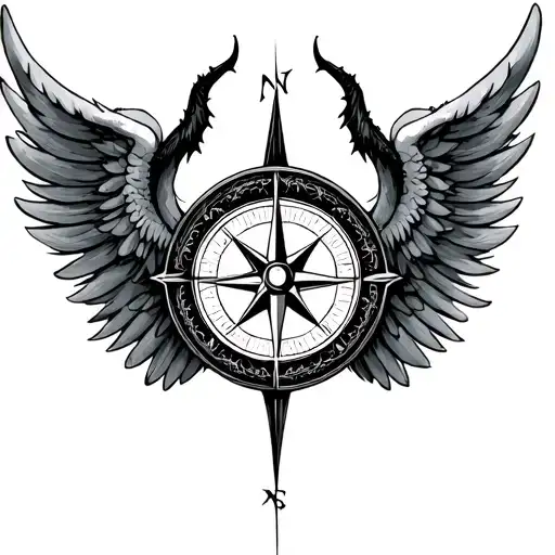 compass half demon angel wings tattoo design idea