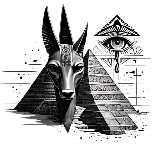 Anubis with Pyramids and eye of Horus and eye of ra tattoo design idea