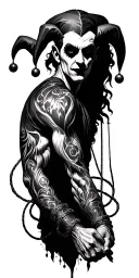 court jester gothic style , pulling strings from shoulder to wrist , strings wrap around arm to wrists jester onshoulder tattoo design idea