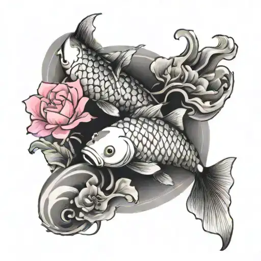 two koi fish swimming alongside water with pink flowers tattoo design idea