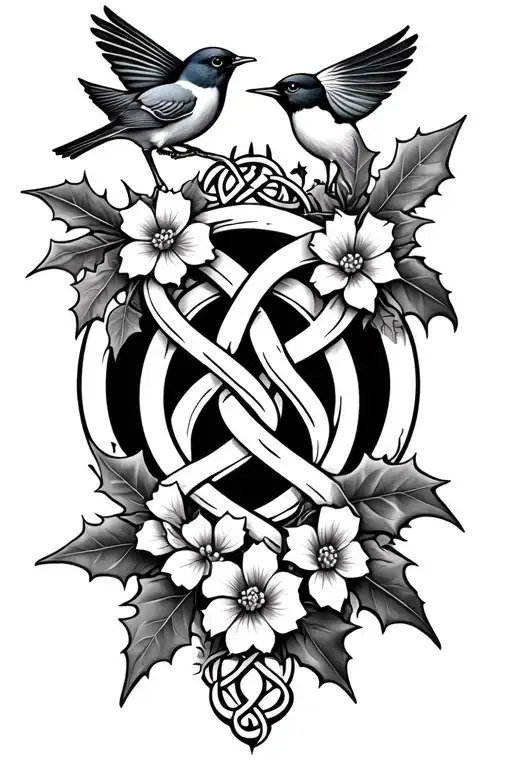 sisterhood celtic knot design incorporating holly flowers and birds tattoo design idea