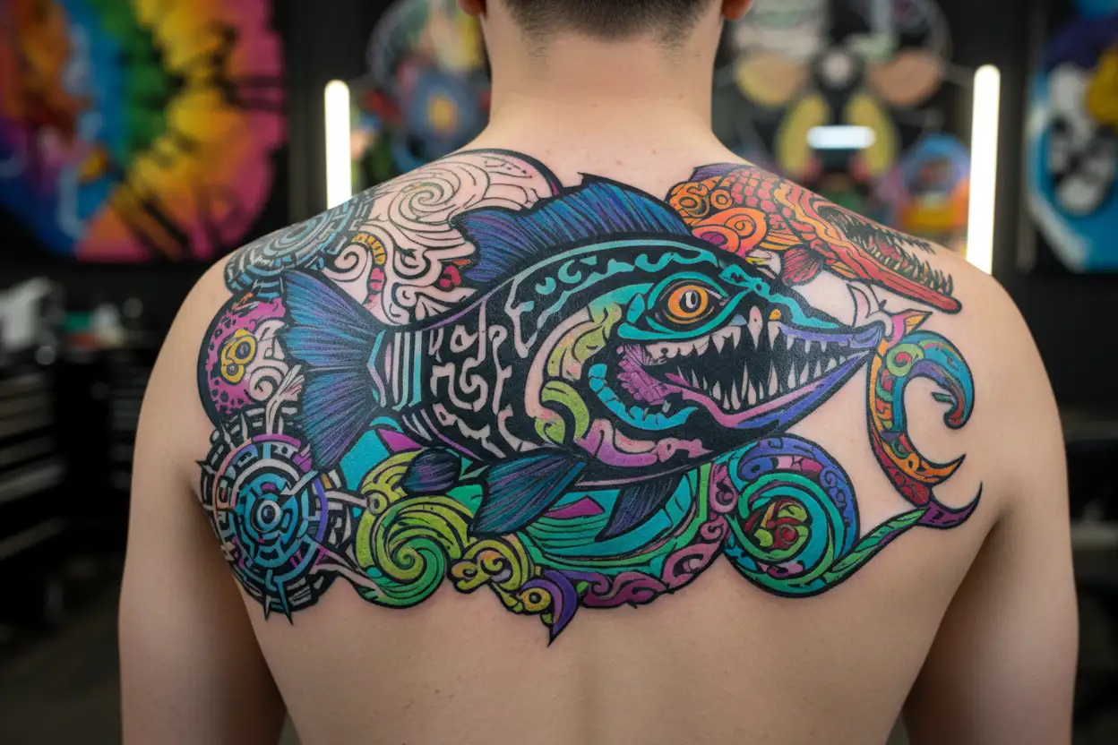 amazon river peru and piranha with teeth emerging tattoo design idea