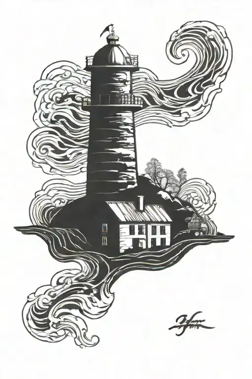 miner's tower with waves and plowed land around it tattoo design idea