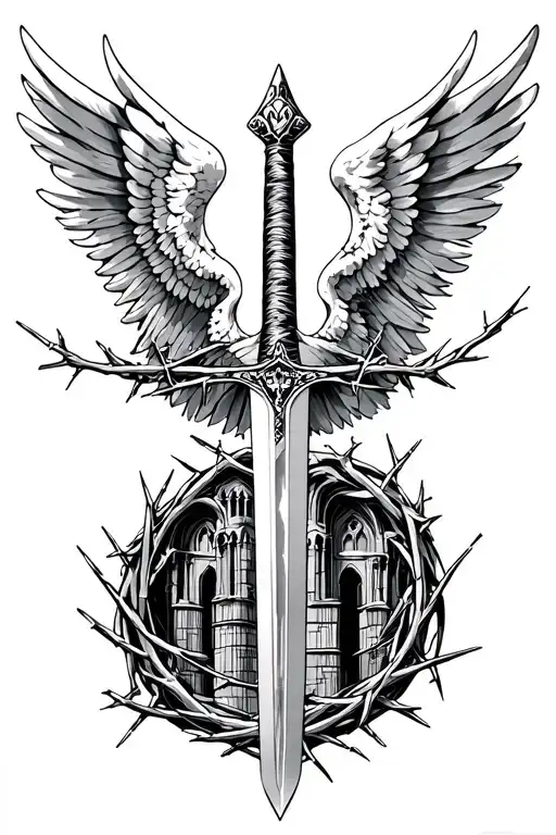 Archangel Micheal's sword with cathedral and crown of thorns tattoo design idea