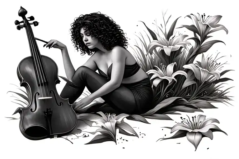 plus size woman sitting on a tiger lily with a broken violin on the ground. woman has curly hair that covers her eyes tattoo design idea