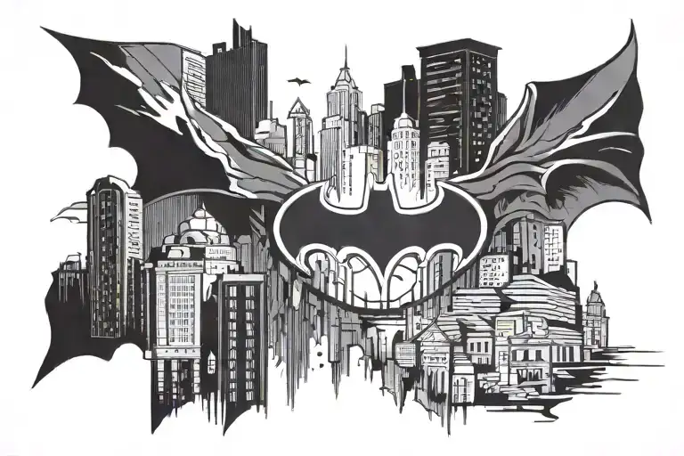 elegant and minimalist tattoo, consider a Batman logo formed by Gotham city buildings and the phrase "men are brave" tattoo design idea