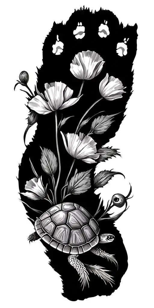 dog paw print, panther, turtle, and California poppy tattoo design idea